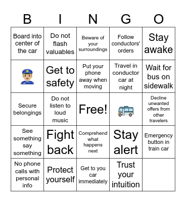 Public Transit Safety Bingo Card