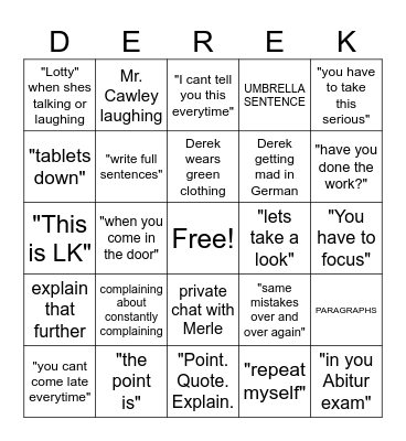 English Class Bingo Card