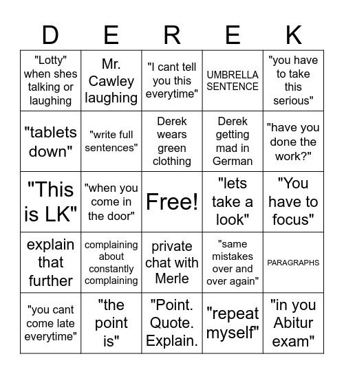 English Class Bingo Card