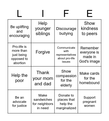 Pro-Life Bingo Card