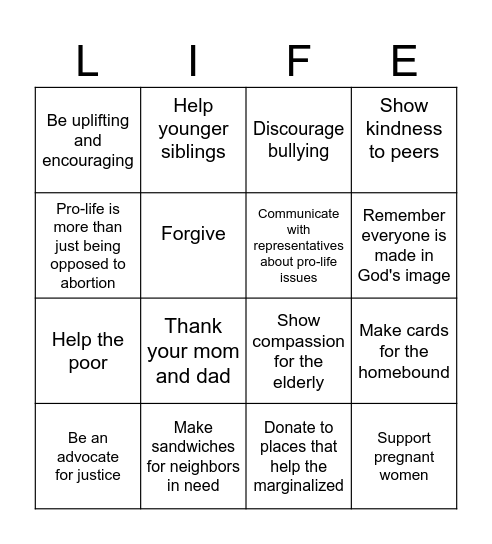 Pro-Life Bingo Card