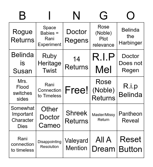 Doctor Who Wish War and other Bingo Card