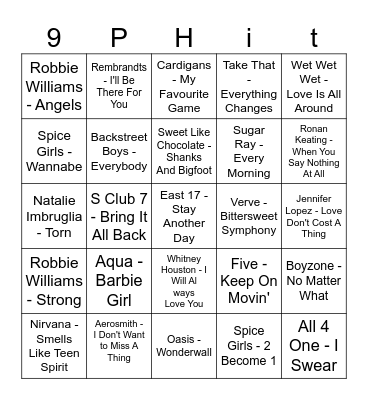 1990 Pop Hits Bingo Card