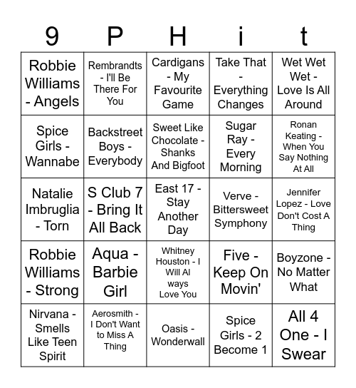 1990 Pop Hits Bingo Card