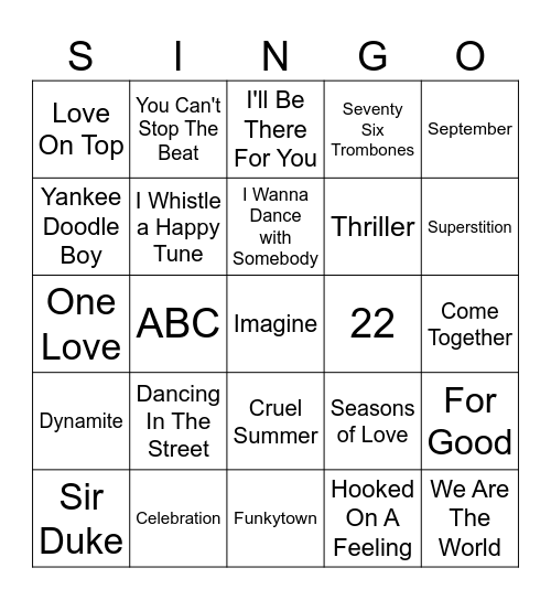 Madeira Singers Bangerz Bingo Card