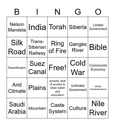 World Cultures Spring Final Exam Review Bingo Card
