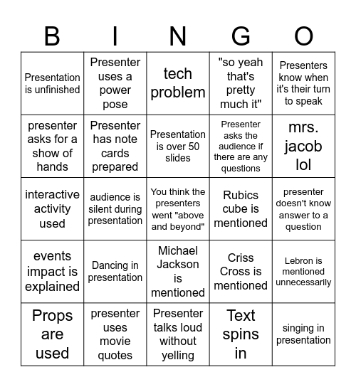 Decades Presentation Bingo Card