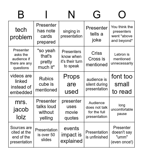 Presentation Bingo Card