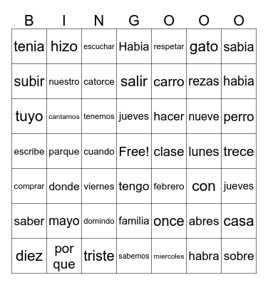 Spanish topics and vocab Bingo Card