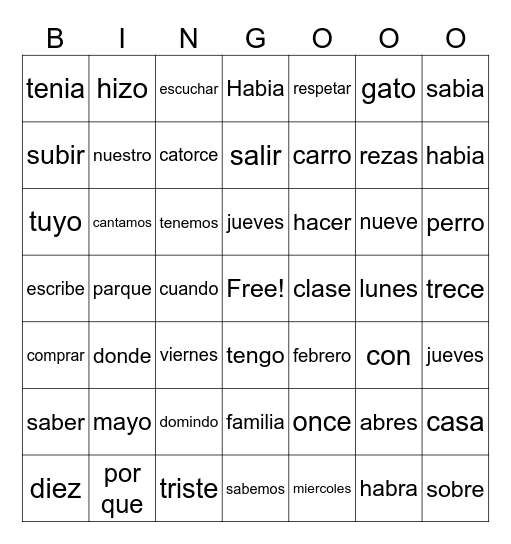 Spanish topics and vocab Bingo Card