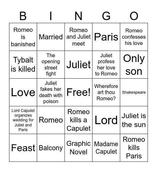 Romeo and Juliet Bingo Card