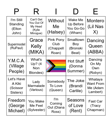 Pride Anthems and LGBTQ Icons Bingo Card