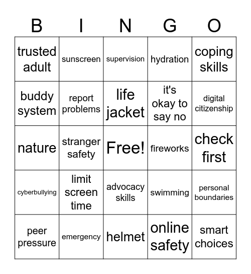Summer Safety Bingo Card
