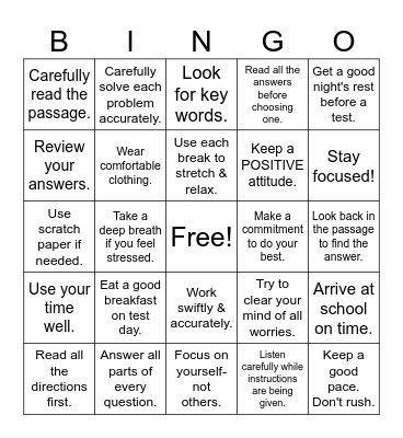 Test Taking Strategies Bingo Card