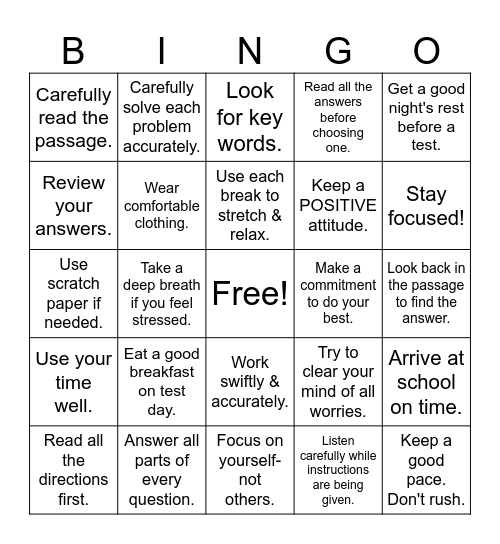 Test Taking Strategies Bingo Card