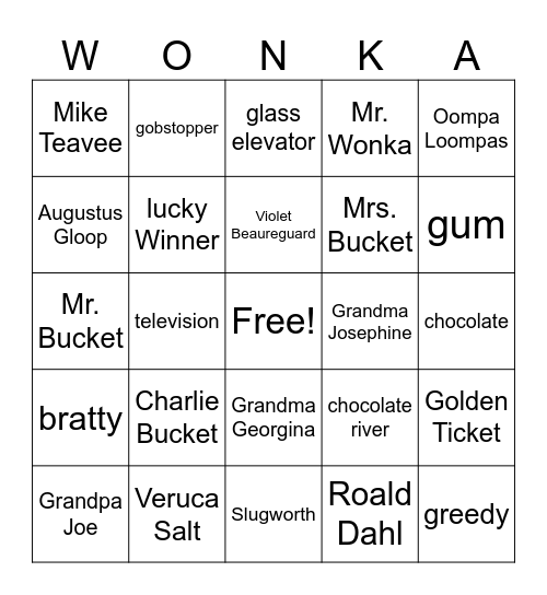 Charlie and the Chocolate Factory Bingo Card