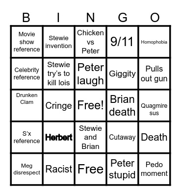 Family Guy Bingo Card