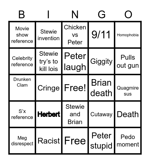 Family Guy Bingo Card