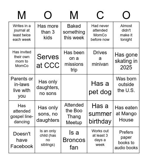 MomCo Meetup CCC Bingo Card