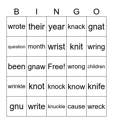 Silent Letters Bingo Card