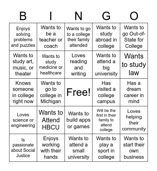College Icebreaker Bingo Card