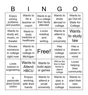 College Icebreaker Bingo Card