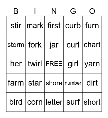 R-Controlled Vowels Bingo Card