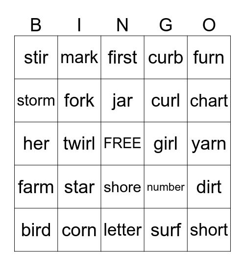 R-Controlled Vowels Bingo Card