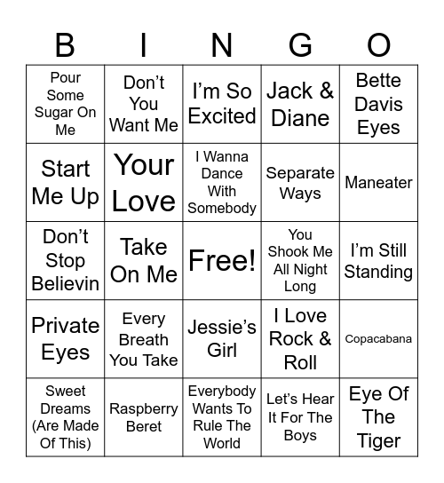 Totally 80s Music Bingo Card