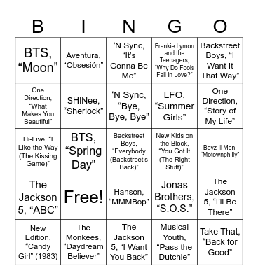 Boy Band Bingo Card