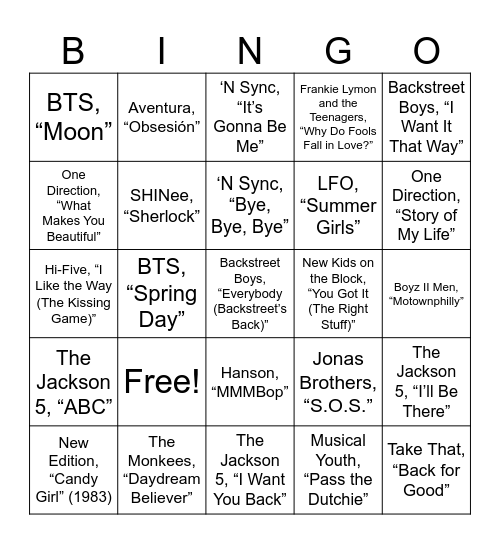 Boy Band Bingo Card