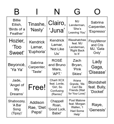 2024 Hits Bingo Card