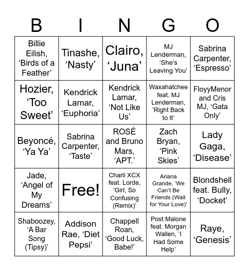 2024 Hits Bingo Card