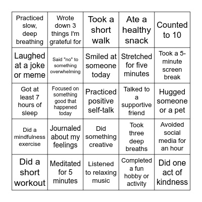Stress Management Bingo Card