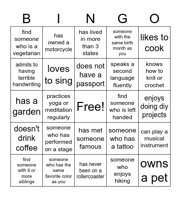 Get to know you Bingo Card