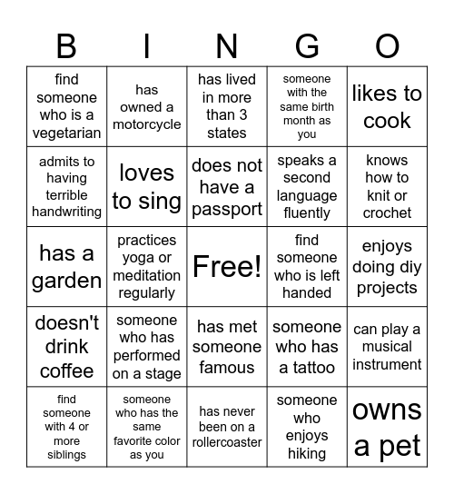 Get to know you Bingo Card