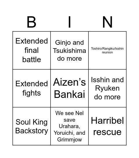 Bleach TYBW Cour 4 predictions Bingo Card