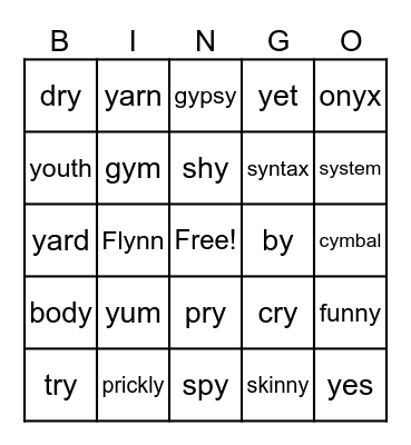 long /i/ long /e/ short /i/ consonant /y/ Bingo Card