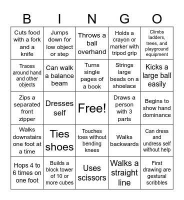 Physical Development Milestones Bingo Card