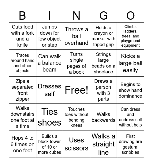 Physical Development Milestones Bingo Card