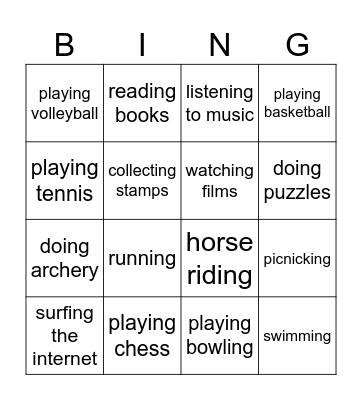 Activities Bingo Card