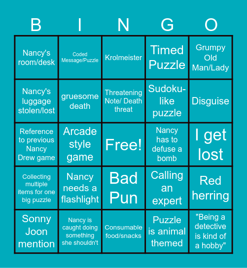 Nancy Drew Bingo Card