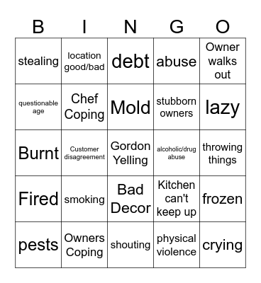 Bingo Kitchen Nightmare Bingo Card