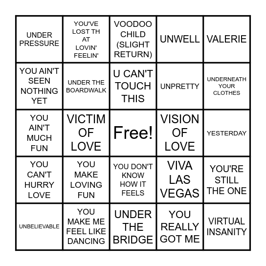 SONGS THAT START WITH U, V & Y Bingo Card
