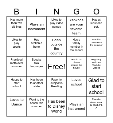 First Day of School Bingo Card