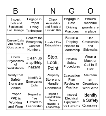 Safety Month Bingo Card