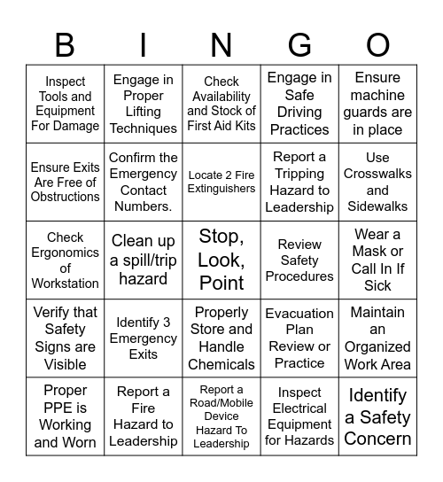 Safety Month Bingo Card