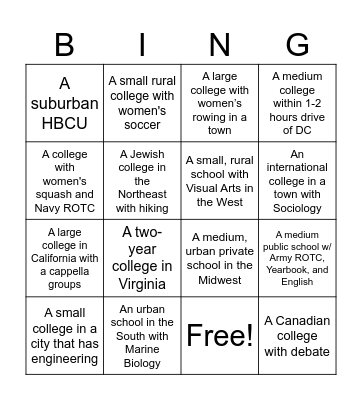 College Search Bingo Card