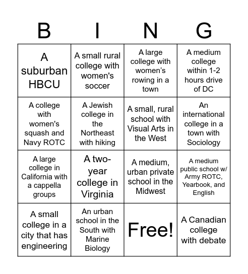College Search Bingo Card