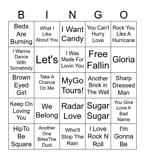 MyGo 80's Bingo Card